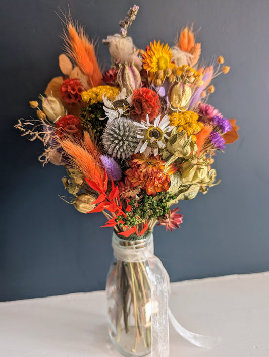 Sunset posy, dried flower flowers milk bottle