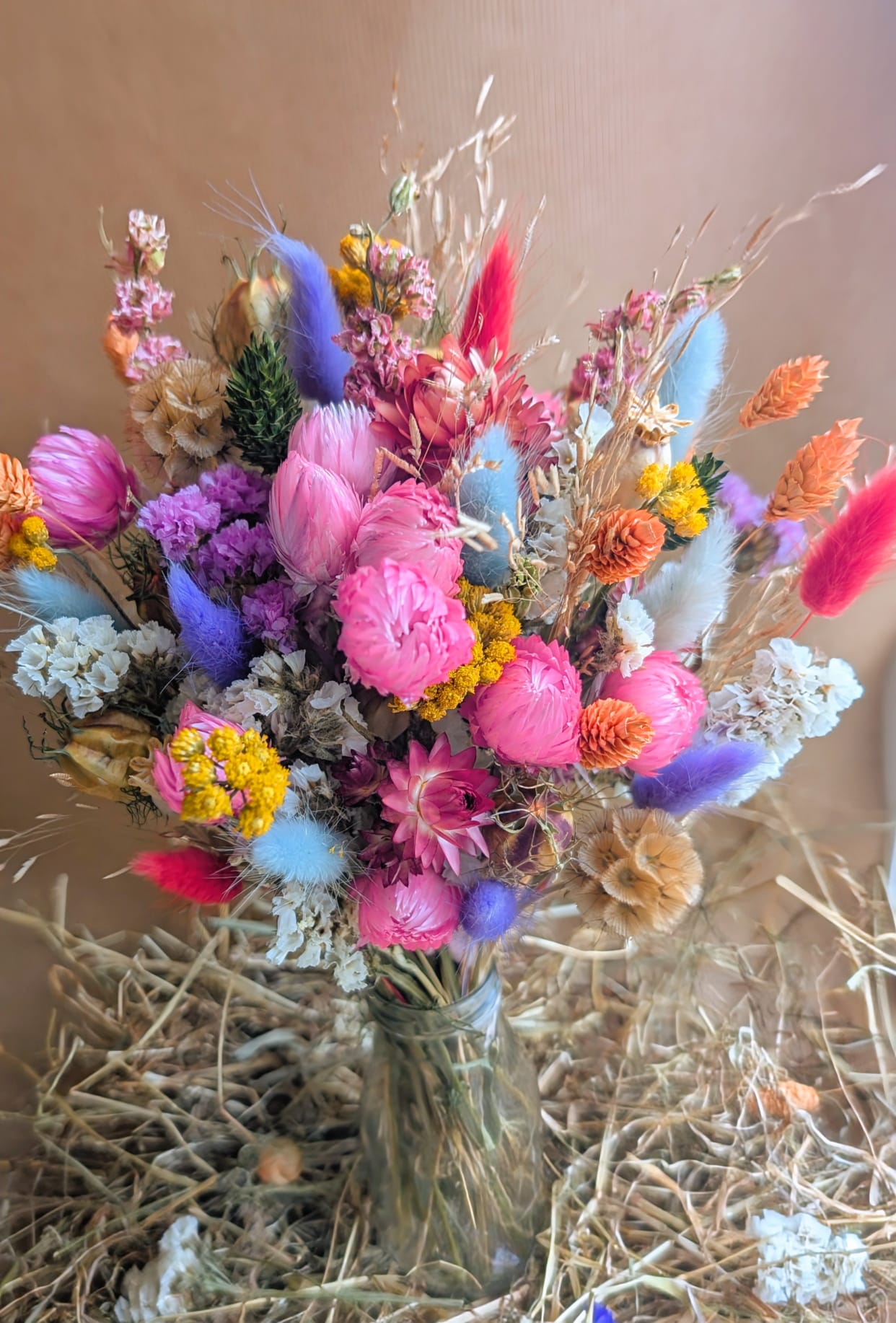 Warm Colourful Dried Flower Milk Bottle