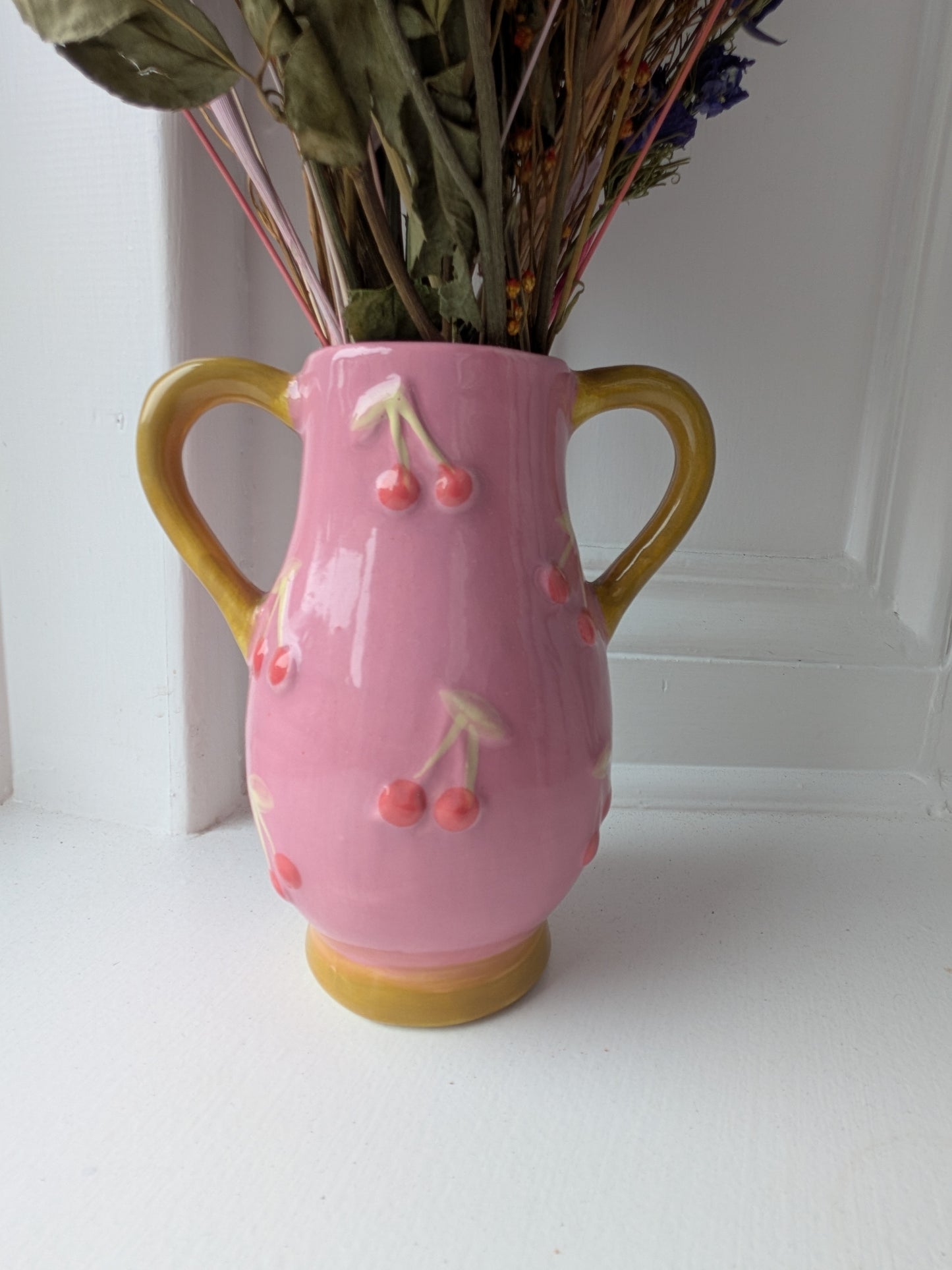Whimsical Dried Flower Arrangement in Cherry Vase