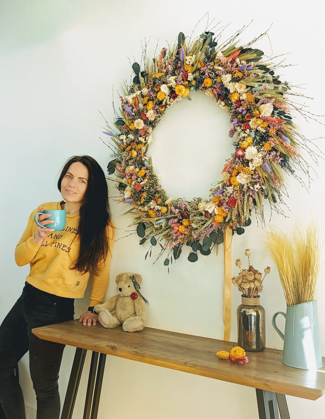 A recent bespoke extra large dried flower wreath.