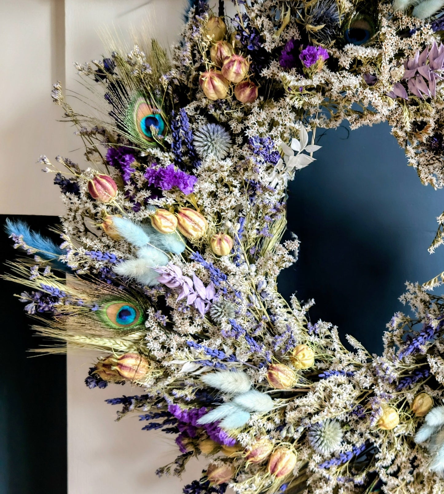 Large blue Pampas and Peacock wreath