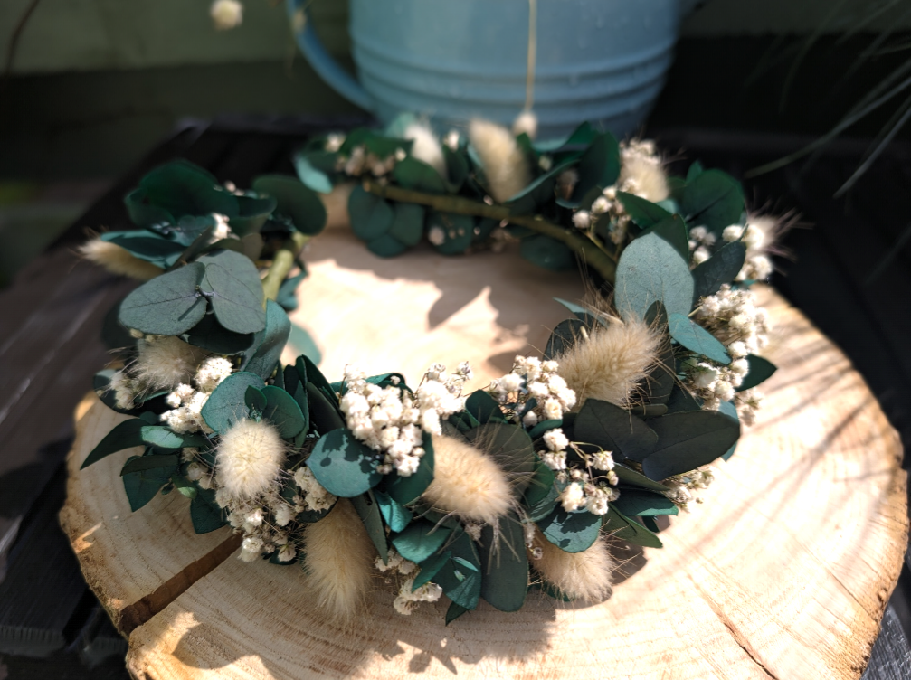 Dried Eucalyptus, Gypsophila and Bunny tail wedding headband