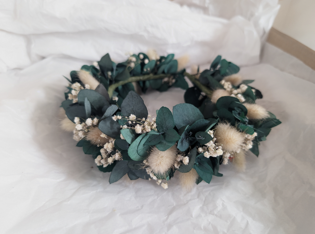 Dried Eucalyptus, Gypsophila and Bunny tail wedding headband