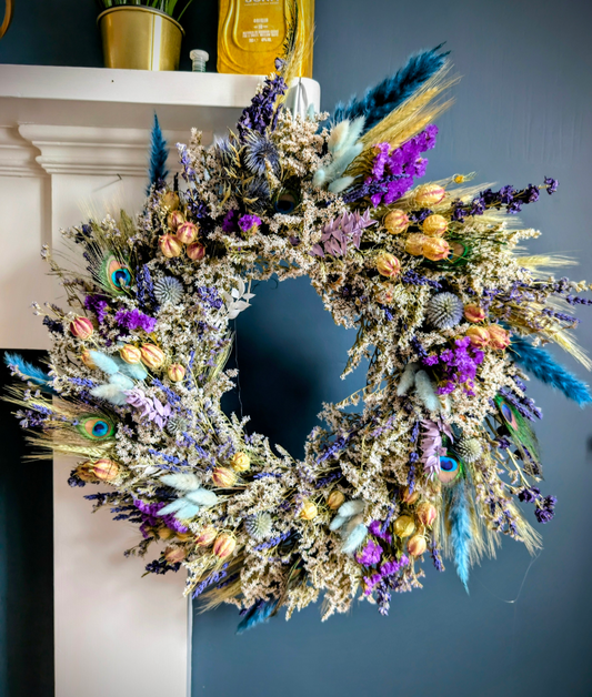 Large blue Pampas and Peacock wreath