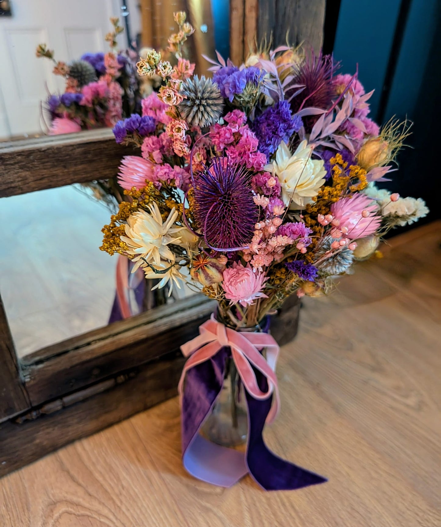 Pink and Purple Scottish thistle Milk Bottle Posy