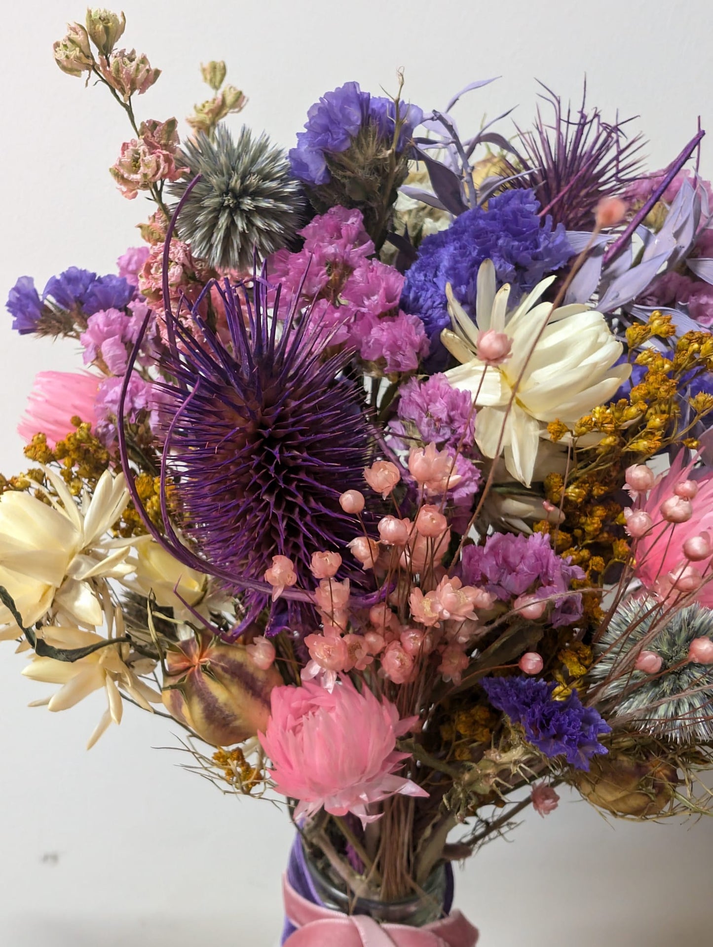 Pink and Purple Scottish thistle Milk Bottle Posy