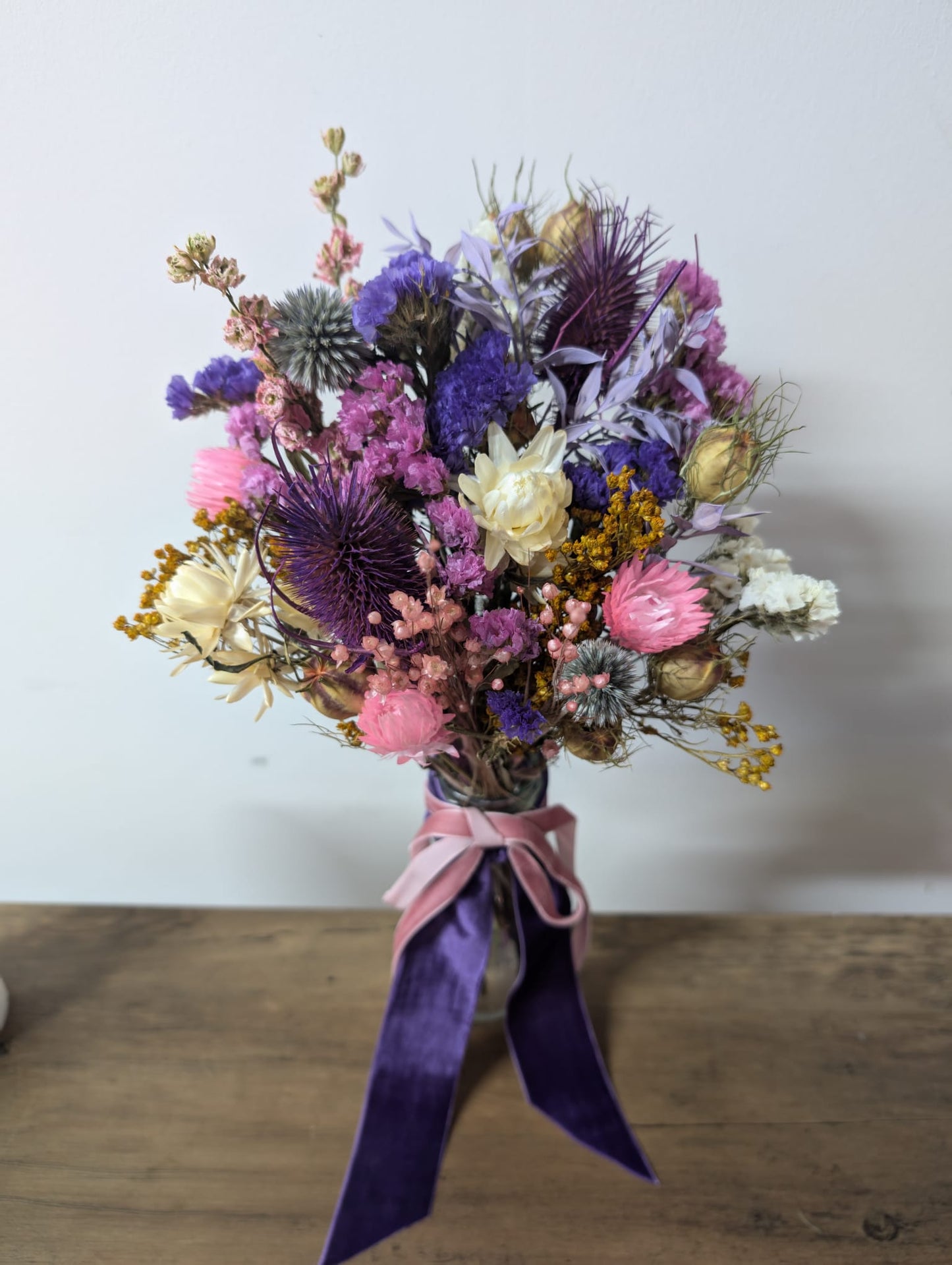 Pink and Purple Scottish thistle Milk Bottle Posy