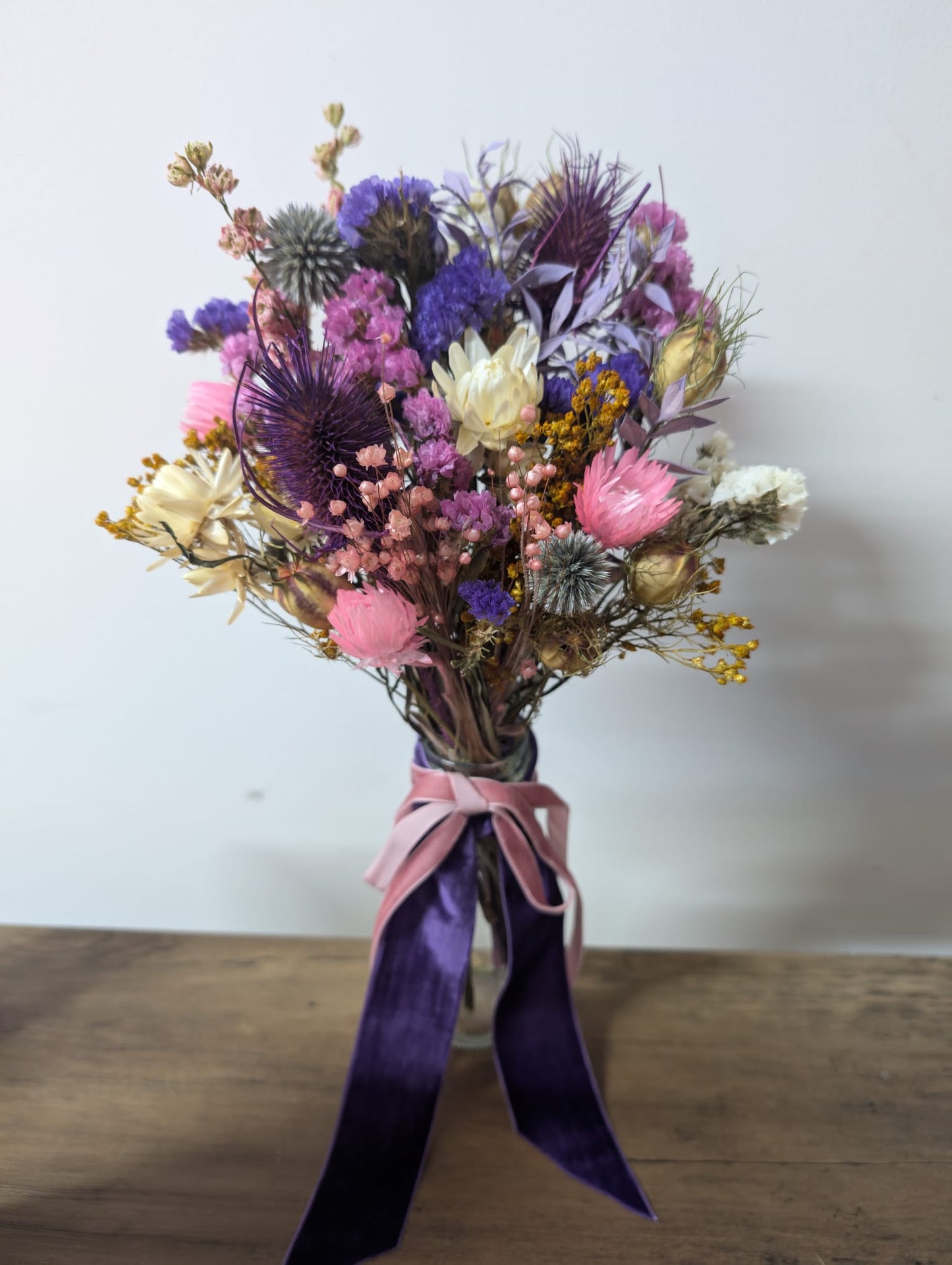 Pink and Purple Scottish thistle Milk Bottle Posy