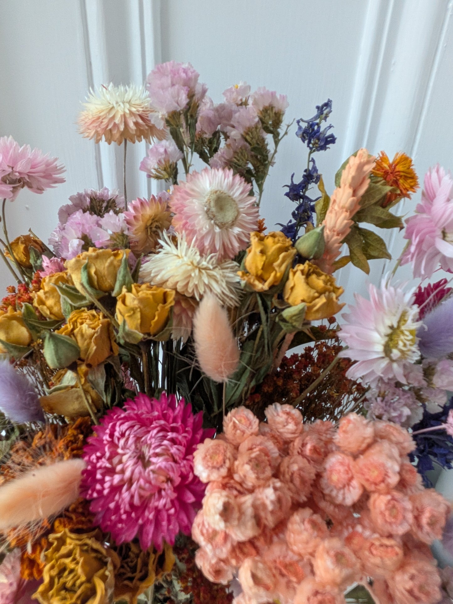 Whimsical Dried Flower Arrangement in Cherry Vase